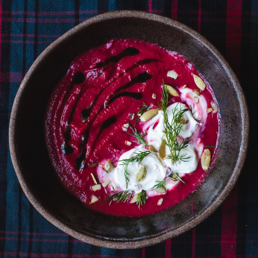 Roasted Balsamic Beet Soup with Creme Fraiche