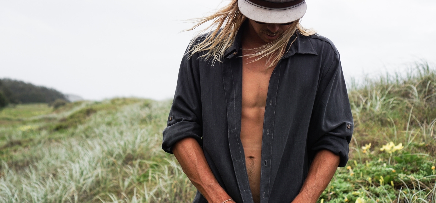 Tasi Travels' Men's Charcoal Long-Sleeve Voyager Shirt is handmade from sustainable Tencel