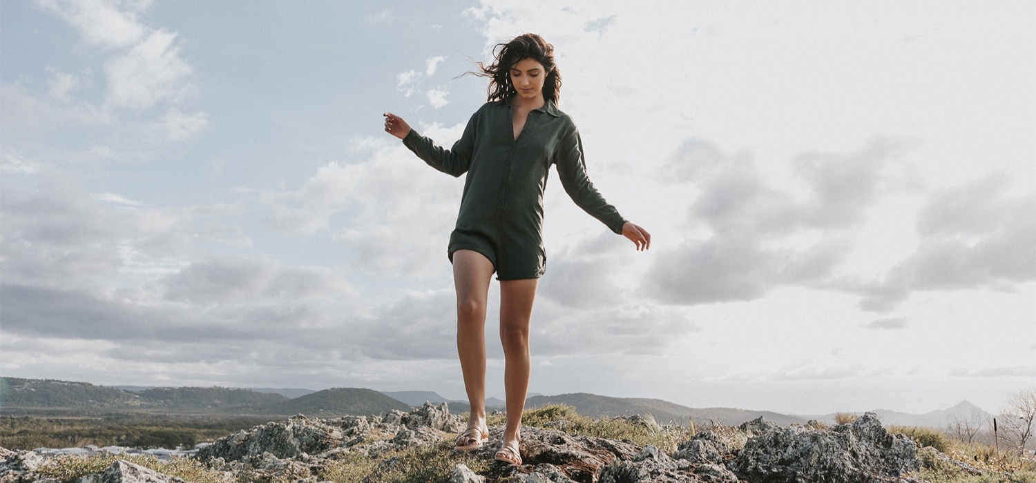Tasi Travels' Moss Wanderer Romper is handmade from sustainable Tencel