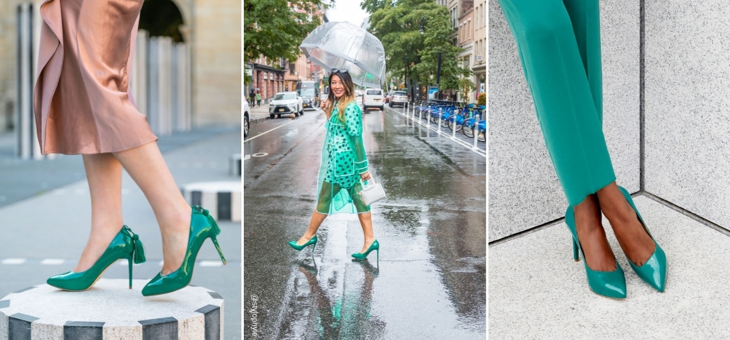 The vibrant Emerald Green Mulan Platform Heel from VEERAH is a stiletto with removable orchid brooch. Ethically & sustainably made in vegan patent leather.