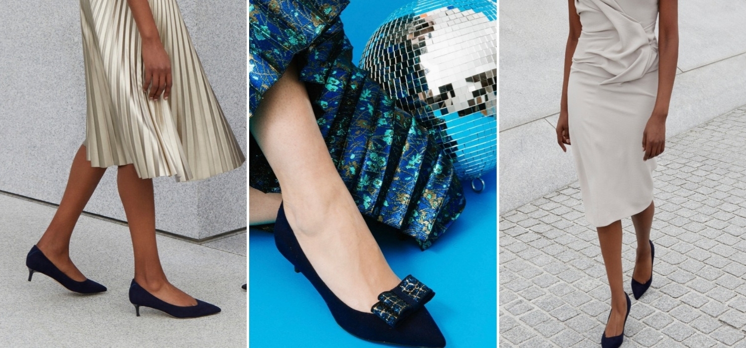 The Deepsea Blue Maya Kitten Heel from VEERAH is an everyday low heel with a removable ankle strap & glitter bow. Ethically & sustainably made from vegan suede.