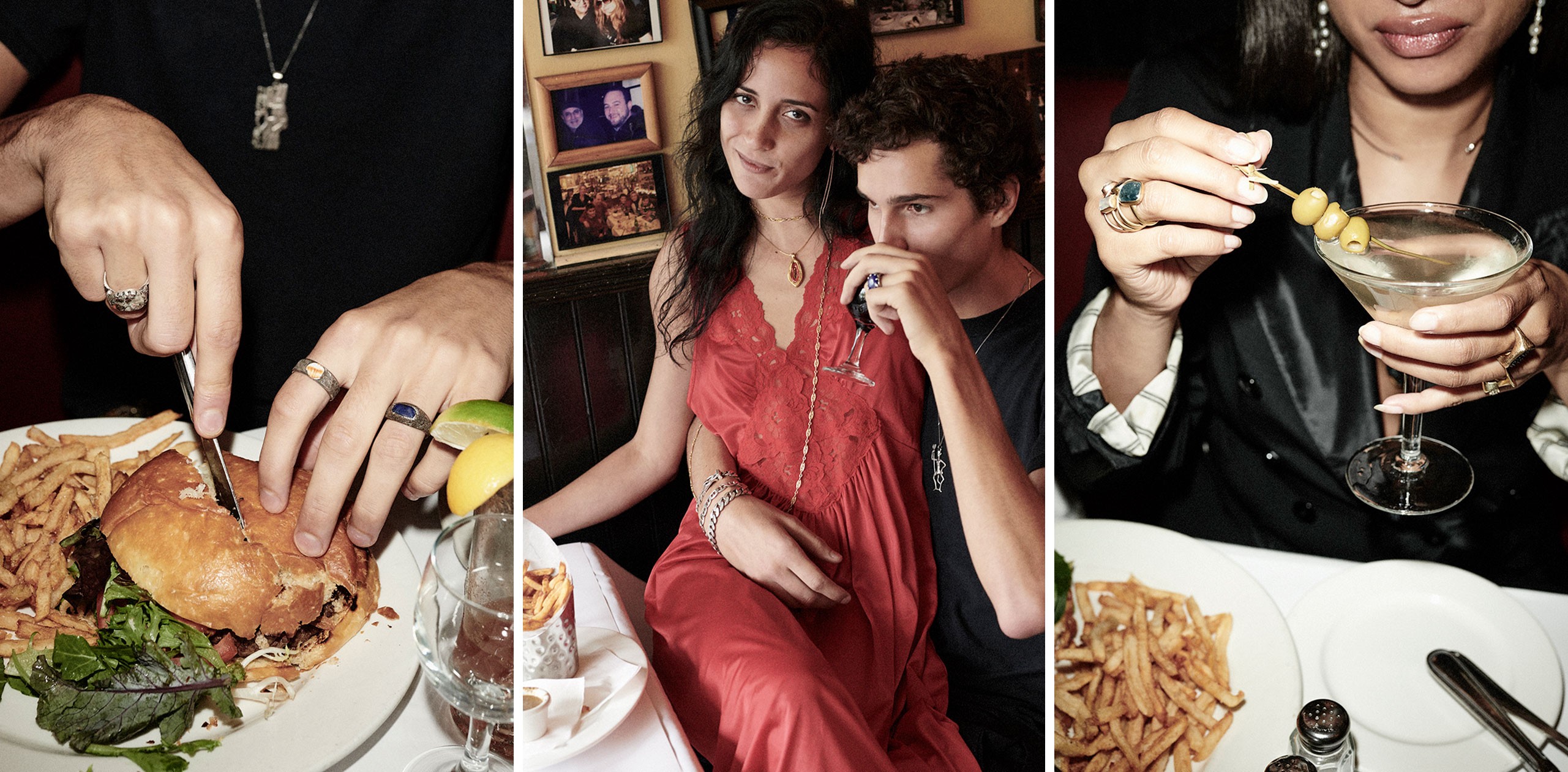 scenes from lucien nyc, a burger, a couple, a woman and a martini, all decked out in jewelry