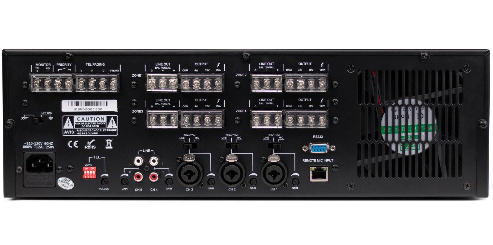 Pure Resonance Audio RZMA120BT 4 Zone 120W Rack Mount Mixer Amplifier